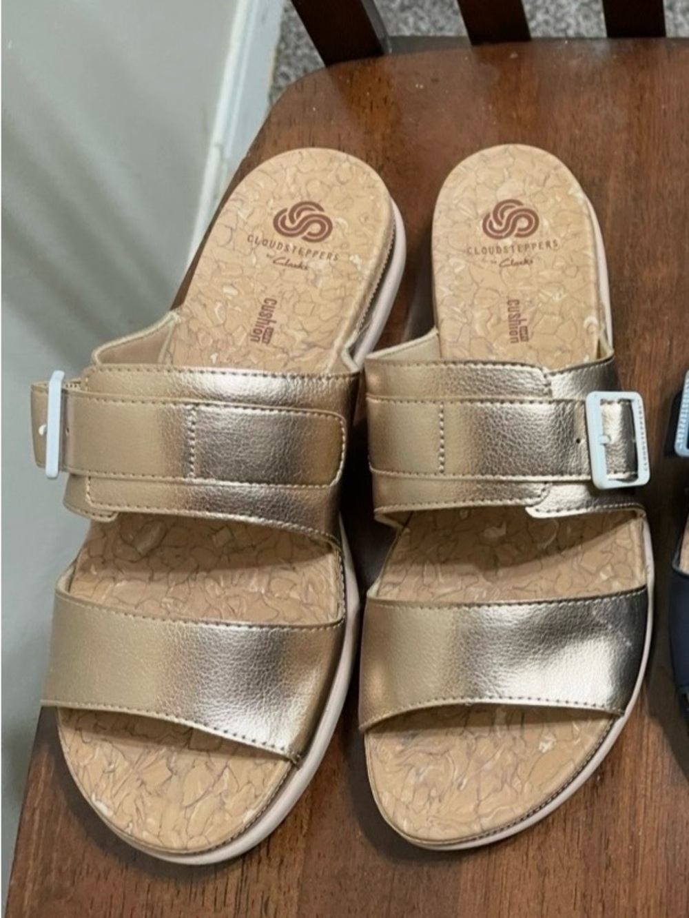 Cloudsteppers by Clarks Metallic Gold Dual-Strap Slide Sandals